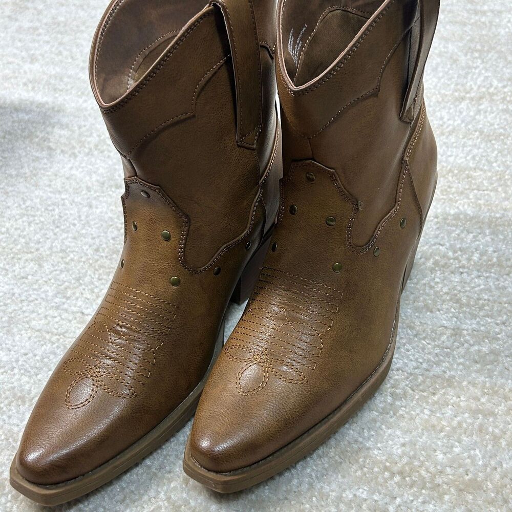 Sugar Boots Womens 8.5 Cognac Burnish PU Western Ankle Block Heel Stud Accents